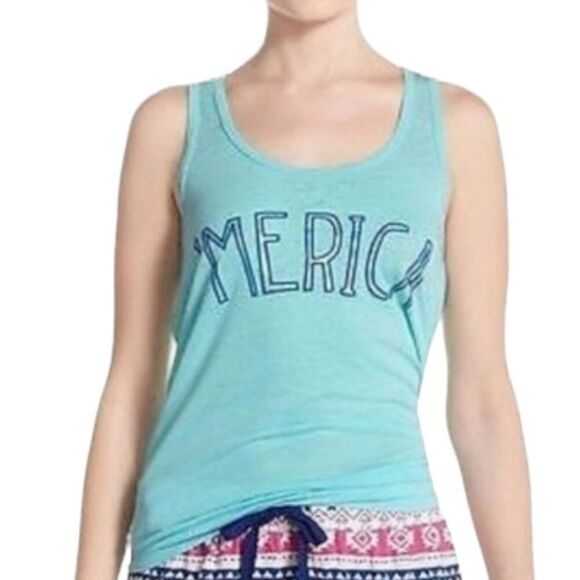 Cozy Zoe Pajama Tank Top Aqua Blue America PJ Shirt NEW Holiday Women Size L USA - Picture 2 of 6